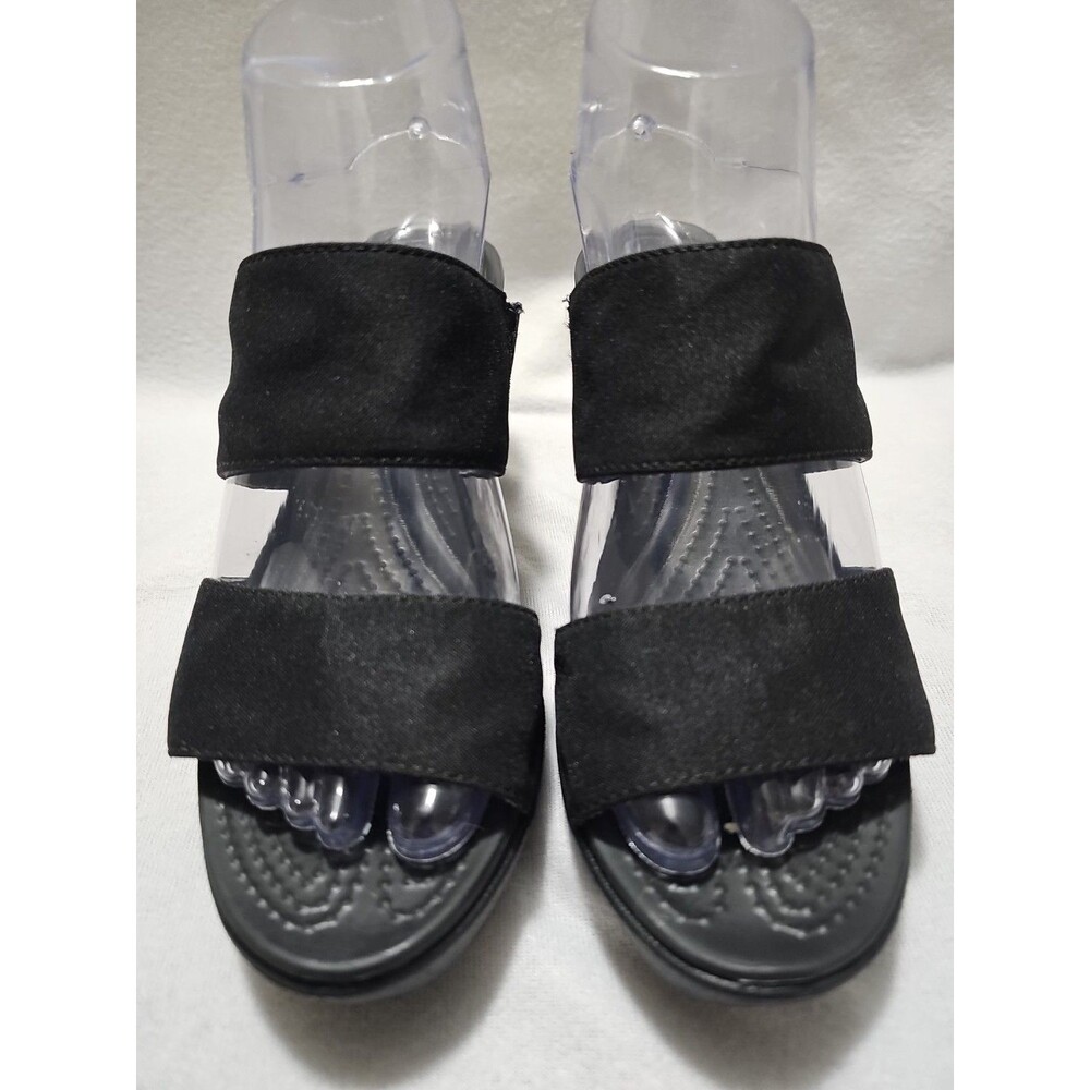 Crocs Leigh Wedge Black Heel Canvas Ankle Strap Size 7.